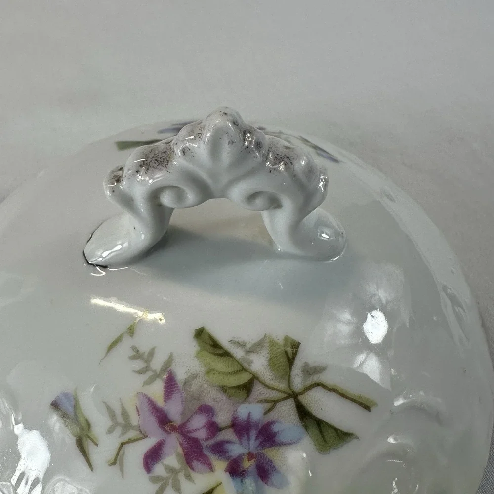 Antique Victorian Porcelain Biscuit Jar - Pink Roses & Violets - Green Ombre